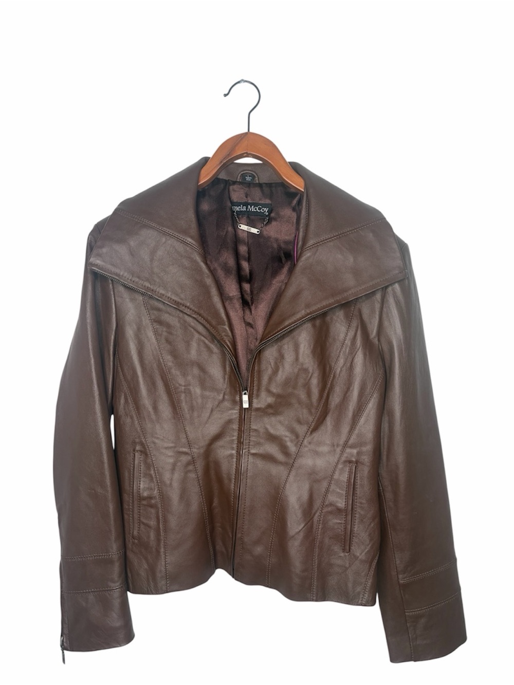 Genuine Leather Women’s Jacket Pamela McCoy Brown Full Zip Size Large